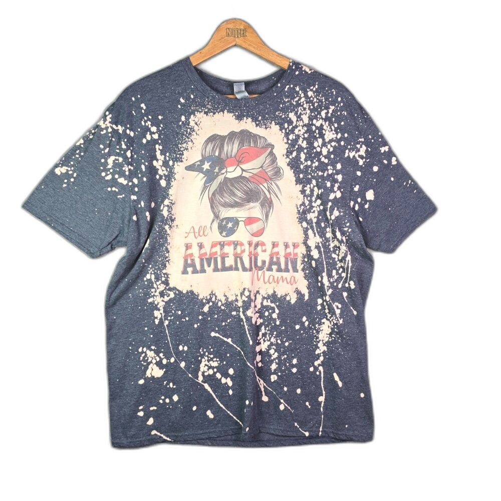 Gildan All American Mama Graphic Tee XL Patriotic Bleach Splatter Red White Blue
